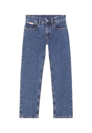 Jeans denim blu a gamba dritta con bottone e zip frontale, passanti per cintura e design a cinque tasche, con piccola etichetta con logo Calvin Klein.