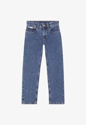 Jeans denim blu a gamba dritta con bottone e zip frontale, passanti per cintura e design a cinque tasche, con piccola etichetta con logo Calvin Klein.