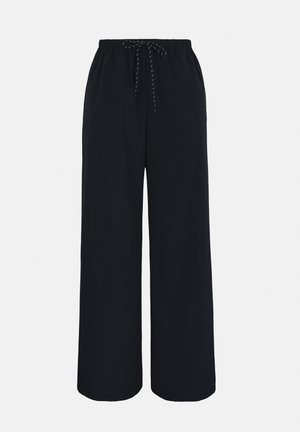 Black wide-leg pants with elastic waistband and black-and-white drawstring tie, displayed on neutral background.