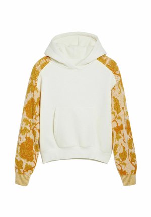 Witte korte hoodie met een grote voorzak, voorzien van gele bloemenpatroon mouwen en geribbelde manchetten. Zachte stof met een capuchon met trekkoord.