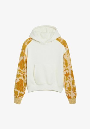 Sudadera blanca recortada con un gran bolsillo frontal, que presenta mangas con un patrón floral amarillo y puños acanalados. Tejido suave con capucha ajustable.