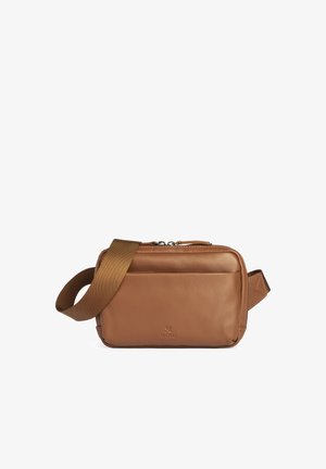 Braune Leder-Umhängetasche mit Vordertasche, verstellbarem braunem Stoffriemen und doppeltem Reißverschluss, vorne mit dem Markenlogo "Lloyd".
