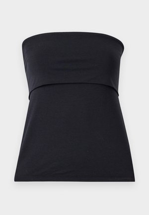 Top noir sans bretelles en coton doux avec un corsage ajusté et une partie inférieure évasée. Texture lisse, sans motifs ni ornements visibles.