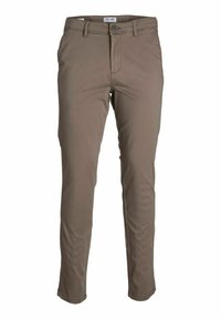 Ljust bruna chinos gjorda av en bomullsblandning, med en slim fit, rak bendesign, knäppning och diskreta sömdetaljer.