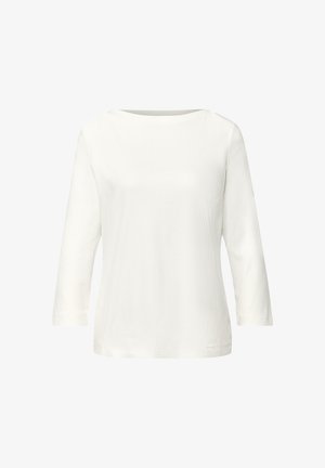 Top bianco a maniche lunghe con una texture a coste, scollo rotondo e maniche tre quarti. Design semplice, taglio dritto, senza elementi visibili in metallo.