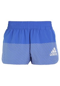 Blå sportshorts med resår i midjan, med vita diagonala ränder och en liten vit logotyp på den nedre högra sidan.