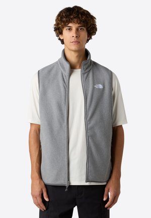 Young man wearing a light gray zip-up fleece vest over a white short-sleeve shirt, standing against a plain background.