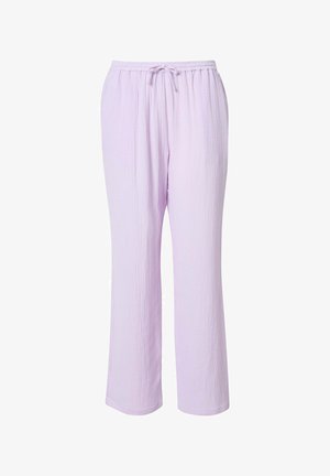 Lichtpaarse, wijde broek gemaakt van textuurstof. Heeft een elastische tailleband en een trekkoord voor een verstelbare pasvorm.