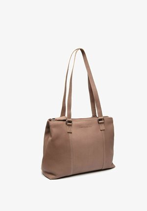 Sac à main en cuir taupe avec double bandoulière, quincaillerie métallique argentée et fermeture éclair, présenté sur fond blanc.