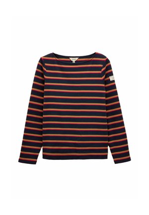 Long-sleeve navy top with horizontal red and pink stripes, rounded neckline, and a logo patch on the sleeve. Soft cotton material.