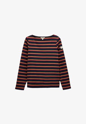 Tumšzils garām piedurknēm topiņš ar horizontālām sarkanām un rozēm svītrām, noapaļots kakla izgriezums un logo uzlīme uz piedurknes. Mīksts kokvilnas materiāls.