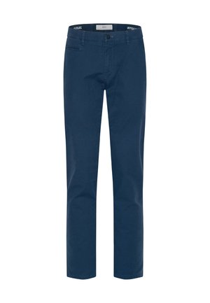 Dunkelblaue Chinos aus Baumwolle. Slim Fit mit flachem Frontdesign, seitlichen Taschen und einer einzelnen Gesäßtasche. Mit Reißverschluss und Knopfverschluss.