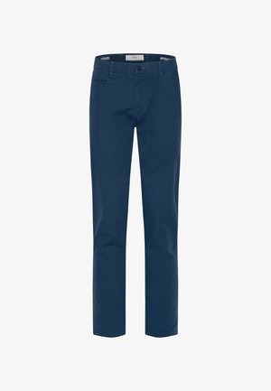 Dunkelblaue Chinos aus Baumwolle. Slim Fit mit flachem Frontdesign, seitlichen Taschen und einer einzelnen Gesäßtasche. Mit Reißverschluss und Knopfverschluss.