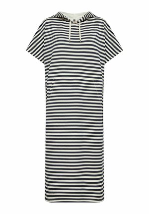 Rochie cu glugă în dungi, în nuanțe de navy și crem, cu mâneci scurte, croială lejeră și buzunare laterale. Materialul este neted, cu o textură ușoară.