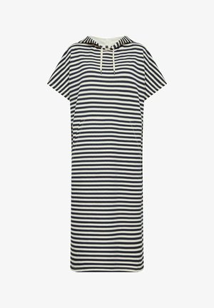 Röstripeerimisega kapuutsiga kleit tumesinisest ja kreemjast värvist, lühikeste varrukatega, mugava lõikega ja küljetaskutega. Kanga pind on sile ja kangas kerge.