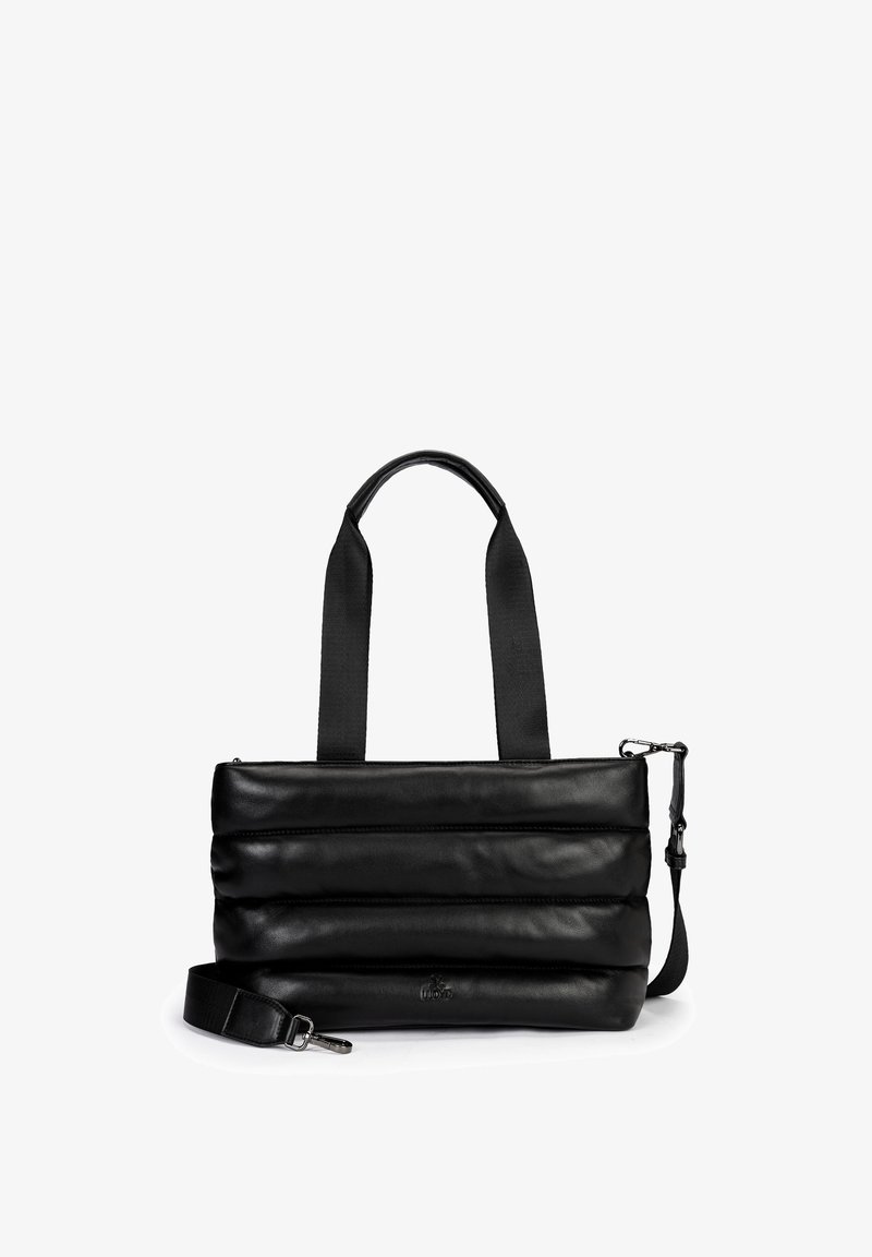 Black rectangular padded handbag with dual top handles and detachable shoulder strap on a white background.