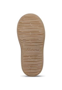 Suola di scarpa in gomma con superficie testurizzata e scanalata, colore beige, contrassegnata con il logo "Naturino" e indicazione della taglia, bordi lisci.