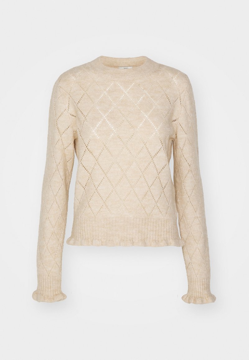 Beżowy sweter z dzianiny z wzorem diamentowym, prążkowanym dekoltem i mankietami oraz lekko marszczonym dołem. Lekka, teksturowana tkanina.