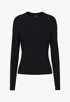 Czarna dopasowana damska koszula z długim rękawem, okrągłym dekoltem, gładkim materiałem, bez widocznych wzorów czy zdobień.