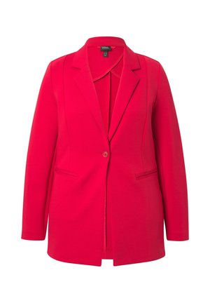 Červený přizpůsobený blazer vyrobený z měkké látky se zapínáním na jeden knoflík, klopovými límci a dvěma předními kapsami. Rovný střih.