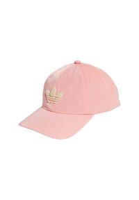 Roze baseballpet van gladde stof, met een getextureerd beige geborduurd logo met drie bladeren aan de voorkant.