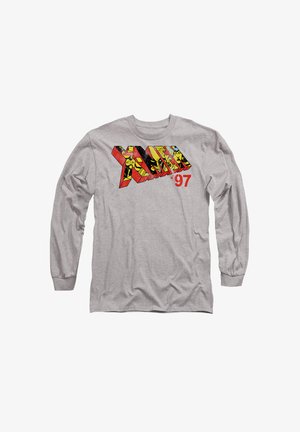 Graues Langarm-T-Shirt mit einem bunten "X-Men" Grafikdesign und der Jahreszahl '97 in Rot, mit standardmäßigem Rundhalsausschnitt und elastischen Ärmeln.