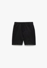 Shorts de sport noirs en tissu texturé, avec une taille élastique et un cordon de serrage, et deux poches latérales.