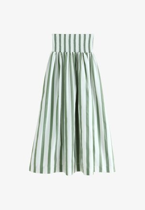 Fustă cu talie înaltă, cu talie largă elastică strânsă și dungi verticale verzi și albe, siluetă fluidă în formă de A.