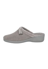 Zapatillas de lana gris con un upper de tela suave, que cuentan con una plantilla acolchada y una suela de goma texturizada para mayor agarre. Detalladas con un logo.