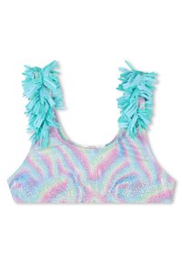 Top bikini colorato con un motivo a spirale multicolore scintillante. Cinghie adornate con dettagli in frange di un azzurro chiaro. Tessuto a superficie liscia.