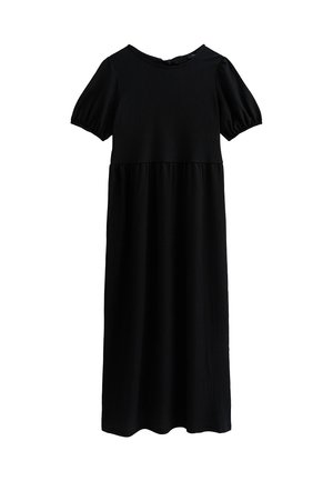 Robe noire avec des manches courtes en forme de ballon, encolure ronde et une taille froncée. Fabriquée en tissu texturé, tombant jusqu'à la cheville.