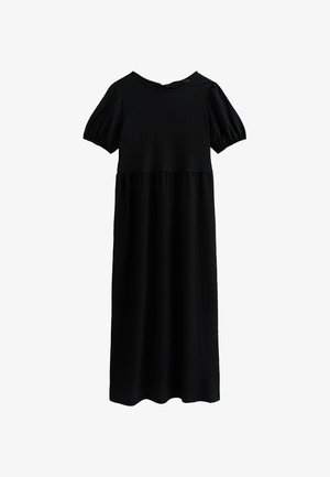 Zwarte jurk met korte puffmouwen, ronde halslijn en een geraffineerd tailleontwerp. Gemaakt van textuurstof, valt tot op de enkel.