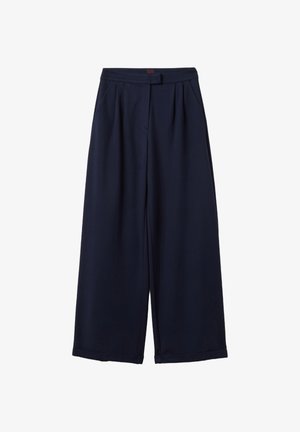 Pantaloni a gamba larga blu navy con pince frontali, tasche laterali e una vita con chiusura nascosta.