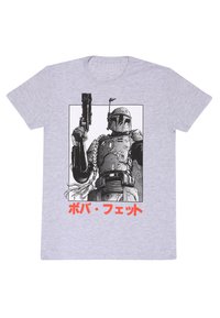 Grå bomulds T-shirt med et sort-hvidt grafisk motiv af en karakter i rustning, der holder et våben, med rød tekst nedenfor på japansk.