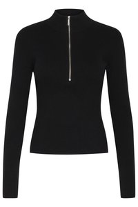 Maglione a maniche lunghe nero a costine con colletto alto e chiusura a zip silver. Design aderente, texture liscia e stile minimalista.
