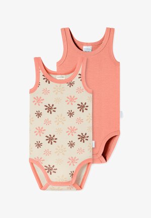 Zwei Tank-Bodysuits: einer in einfarbig Koralle und einer in Beige mit mehrfarbigen Sonnenmustern. Baumwollstoff, runder Hals, Druckknopfverschluss.