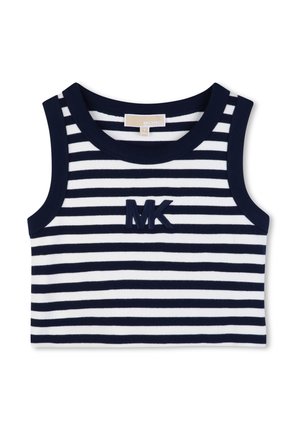 Haut court sans manches à rayures horizontales bleu marine et blanches, avec un col rond et un logo "MK" bleu marine brodé sur la poitrine.