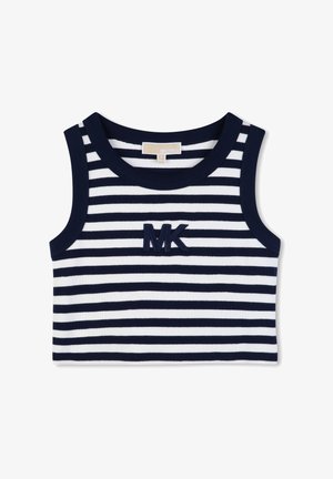Haut court sans manches à rayures horizontales bleu marine et blanches, avec un col rond et un logo "MK" bleu marine brodé sur la poitrine.