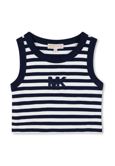 Haut court sans manches à rayures horizontales bleu marine et blanches, avec un col rond et un logo "MK" bleu marine brodé sur la poitrine.