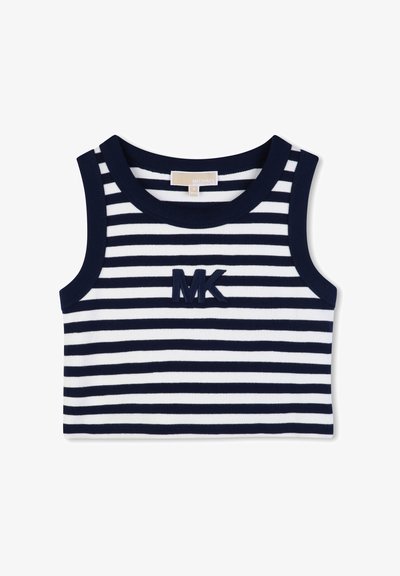 Haut court sans manches à rayures horizontales bleu marine et blanches, avec un col rond et un logo "MK" bleu marine brodé sur la poitrine.