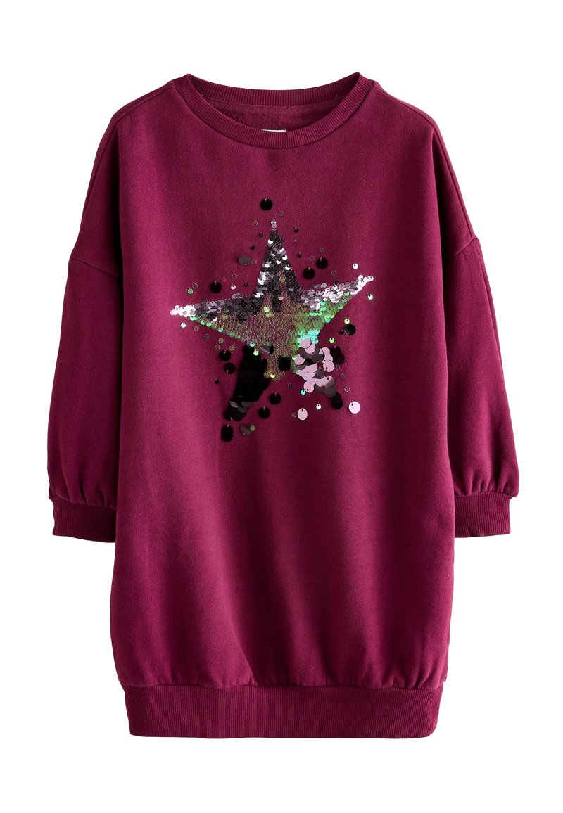 Felpa bordeaux con maniche lunghe e fondo voluminoso, caratterizzata da un design a stella realizzato con paillettes lucide e multicolori al centro.