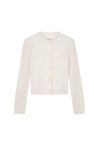 Gebreide witte cardigan met een gestructureerd vierkant patroon, ronde halslijn en knoopsluiting aan de voorkant. Beschikt over twee borstzakken met knoopsluitingen.