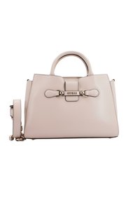 Borsa a mano beige strutturata con esterno in pelle liscia, doppi manici superiori, tracolla removibile e dettagli in metallo. Presenta dettagli con logo.