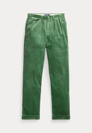 Green corduroy trousers with a straight fit, featuring front pleats, two side pockets, and rolled cuffs. Textured fabric with vertical lines.