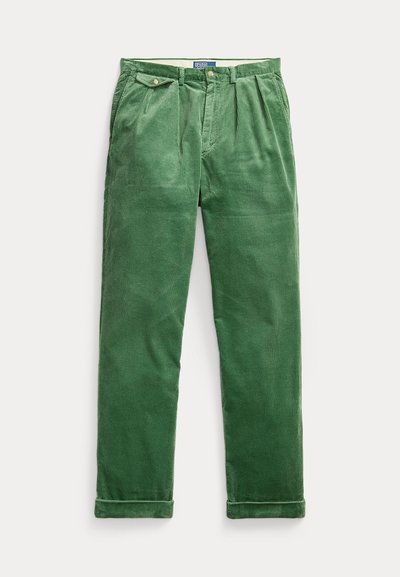 Green corduroy trousers with a straight fit, featuring front pleats, two side pockets, and rolled cuffs. Textured fabric with vertical lines.