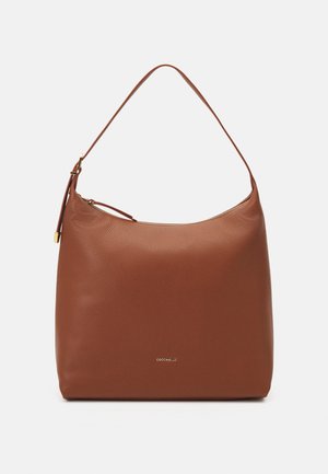 Brown leather shoulder bag with a single strap and gold zipper, featuring a small embossed brand logo on the front center.