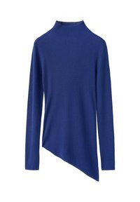 Asimetrična dolgo rokavna majica iz rebraste tkanine, temno modre barve, z visokim ovratnikom, diagonalnim robom in mehko teksturo.
