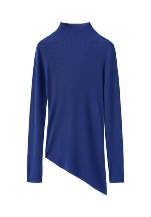 Asimetrična dolgo rokavna majica iz rebraste tkanine, temno modre barve, z visokim ovratnikom, diagonalnim robom in mehko teksturo.