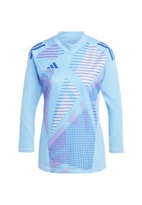 Lichtblauw sportshirt met lange mouwen, voorzien van abstracte patronen in paars en donkerblauw, met een mesh structuur en een V-hals.