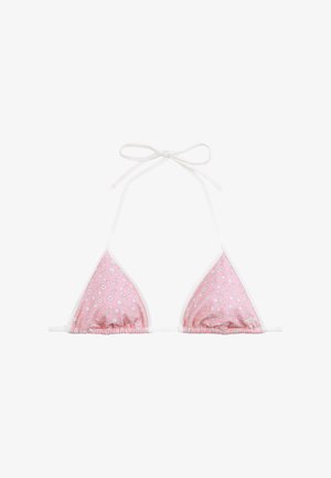Top bikini rosa con bordi bianchi, caratterizzato da un motivo floreale. Il design include una forma a triangolo e lacci regolabili al collo e sulla schiena.